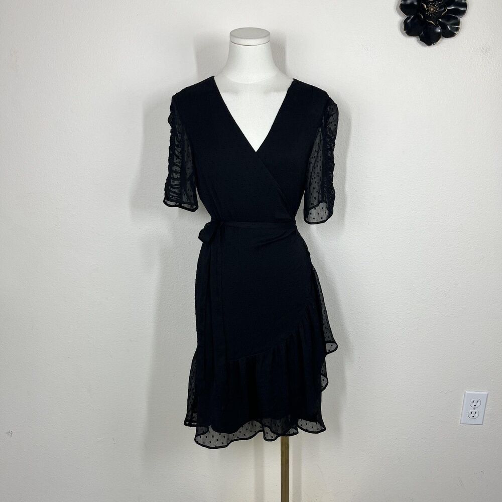AllSaints Wrap Dress Womens 8 Black Polka Dot Ruffle Chiffon Party Cocktail LBD
